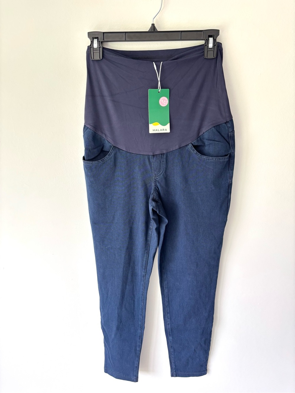 Halara Maternity Blue Stretchy Jean Jeggings Over Belly Panel